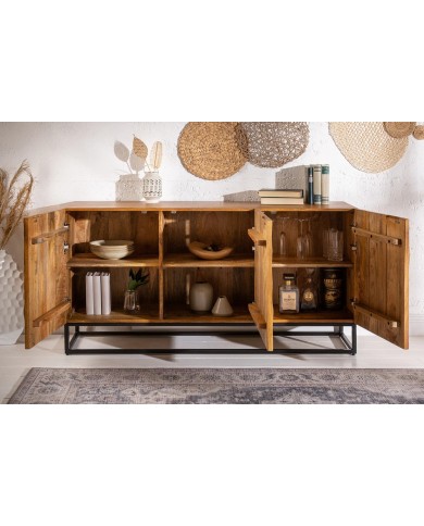 Buffet en bois massif avec reliefs 3D manguier marron et pieds en métal noir 140 cm Scorpion