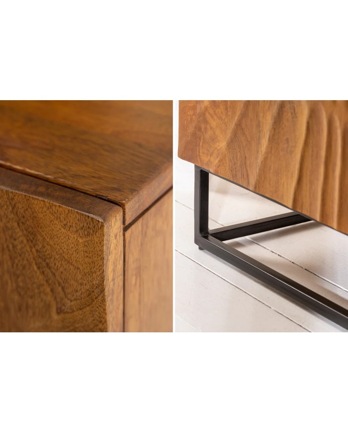 Buffet en bois massif avec reliefs 3D manguier marron et pieds en métal noir 140 cm Scorpion
