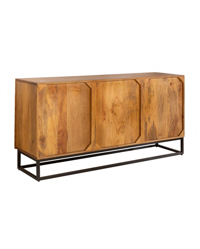 Buffet en bois massif avec reliefs 3D manguier marron et pieds en métal noir 140 cm Scorpion