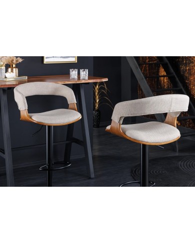 Chaise haute de bar réglable en tissu beige et bois naturel de frêne avec pieds en métal design Athan