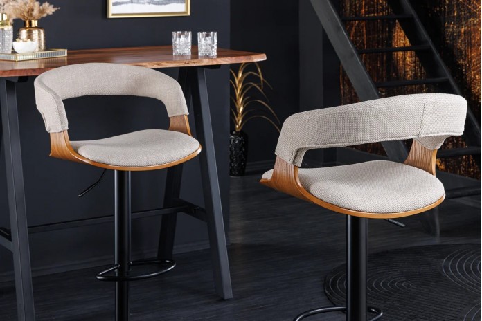 Chaise haute de bar réglable en tissu beige et bois naturel de frêne avec pieds en métal design Athan