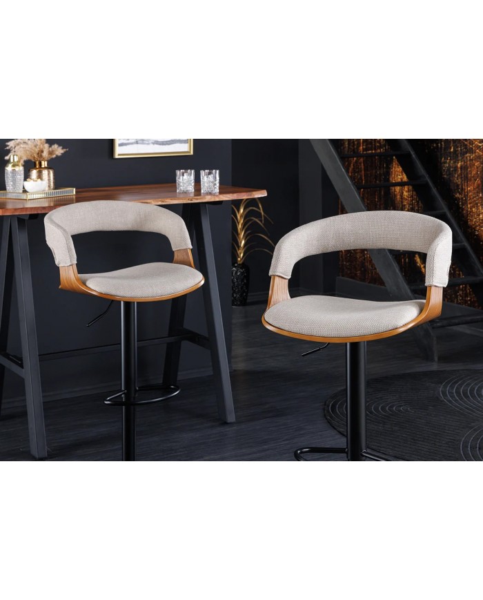 Chaise haute de bar réglable en tissu beige et bois naturel de frêne avec pieds en métal design Athan