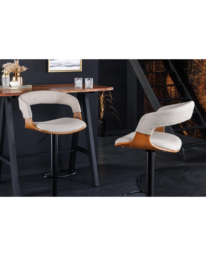 Chaise haute de bar réglable en tissu beige et bois naturel de frêne avec pieds en métal design Athan