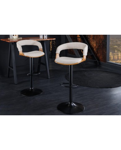 Chaise haute de bar réglable en tissu beige et bois naturel de frêne avec pieds en métal design Athan