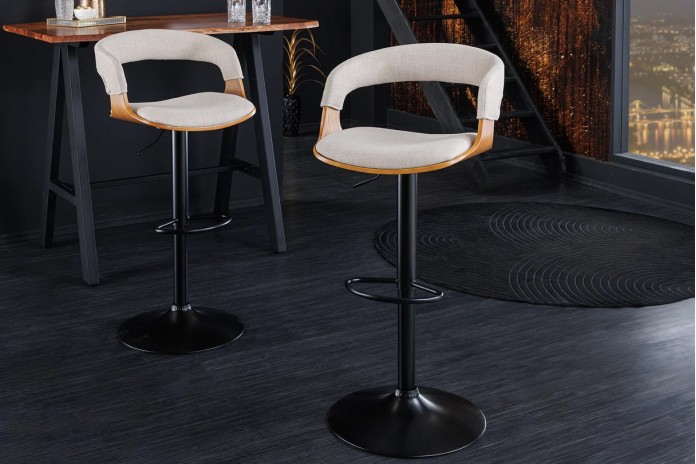 Chaise haute de bar réglable en tissu beige et bois naturel de frêne avec pieds en métal design Athan