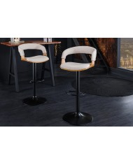 Chaise haute de bar réglable en tissu beige et bois naturel de frêne avec pieds en métal design Athan
