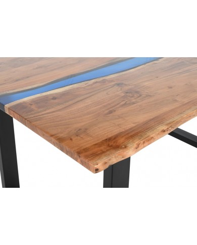 Table à manger 160 cm en bois d'acacia et bande époxy bleue LAGOON