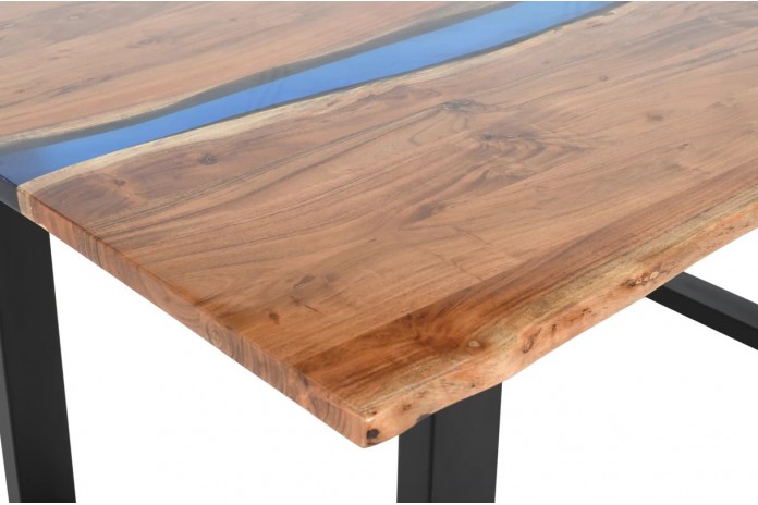 Table à manger 160 cm en bois d'acacia et bande époxy bleue LAGOON