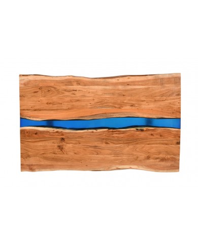 Table à manger 160 cm en bois d'acacia et bande époxy bleue LAGOON