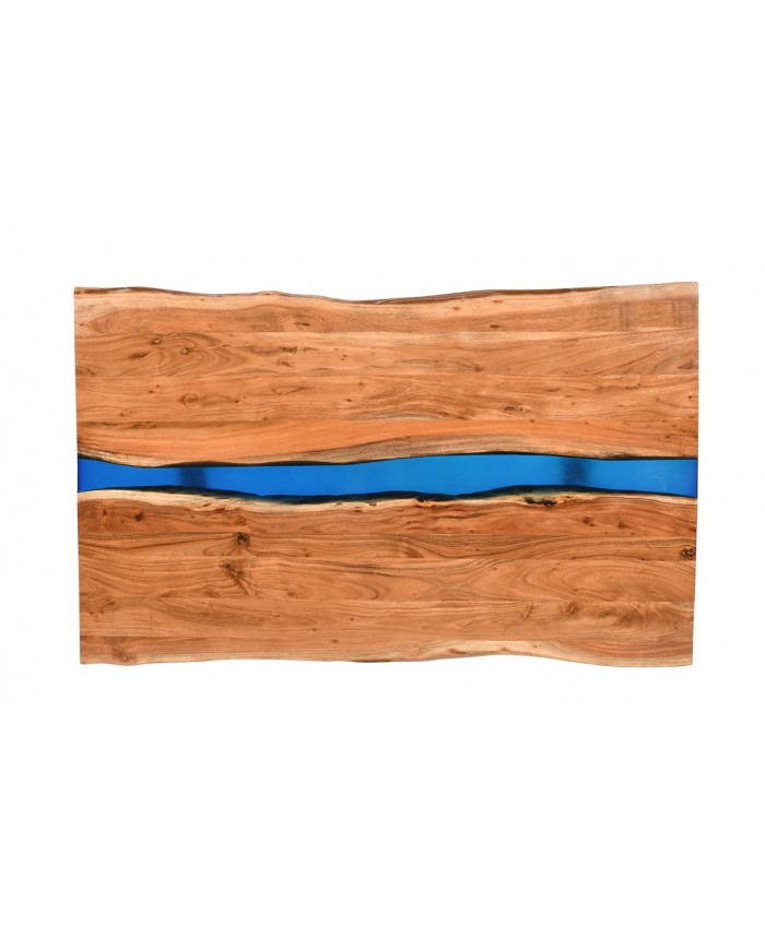 Table à manger 160 cm en bois d'acacia et bande époxy bleue LAGOON