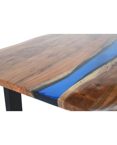 Table à manger 160 cm en bois d'acacia et bande époxy bleue LAGOON