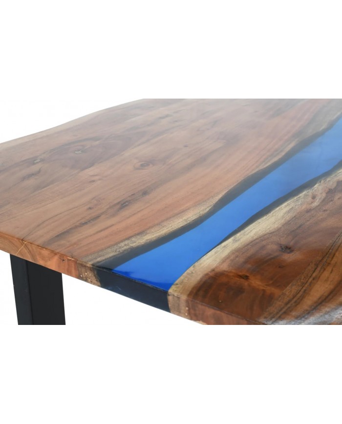 Table à manger 160 cm en bois d'acacia et bande époxy bleue LAGOON