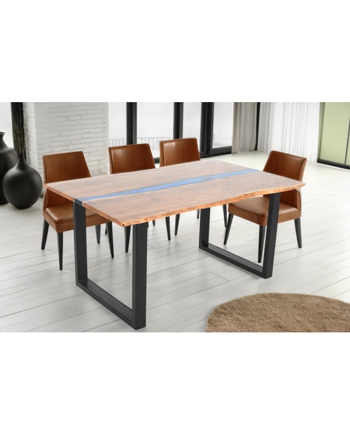 Table à manger 160 cm en bois d'acacia et bande époxy bleue LAGOON