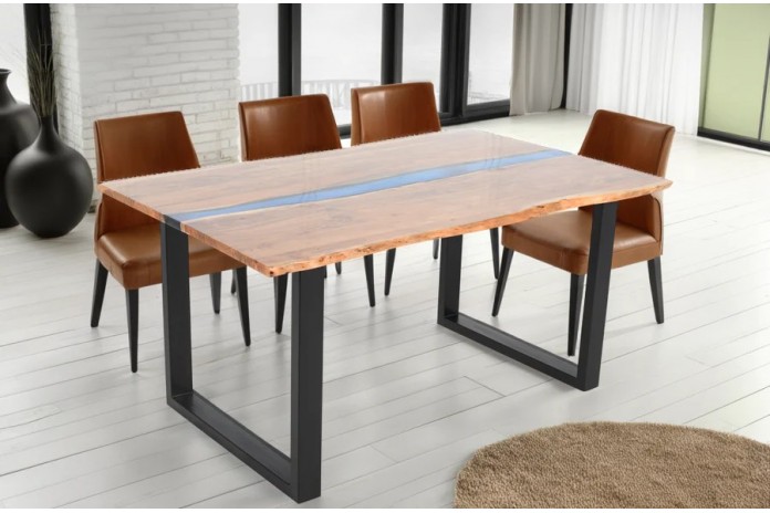 Table à manger 160 cm en bois d'acacia et bande époxy bleue LAGOON