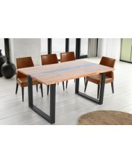 Table à manger 160 cm en bois d'acacia et bande époxy bleue LAGOON