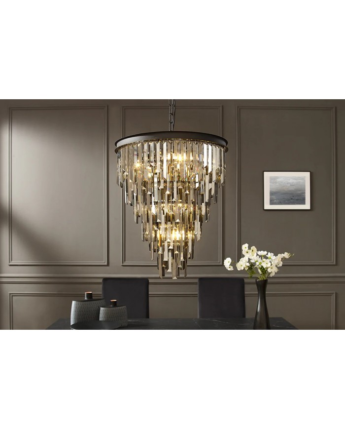 Lustre Fer noir & prismes en verre gris fumé Ø50 cm CRYSTALIGN