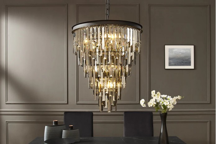 Lustre Fer noir & prismes en verre gris fumé Ø50 cm CRYSTALIGN