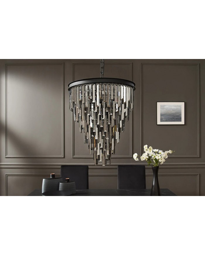 Lustre Fer noir & prismes en verre gris fumé Ø50 cm CRYSTALIGN