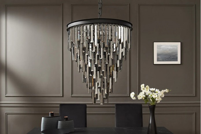 Lustre Fer noir & prismes en verre gris fumé Ø50 cm CRYSTALIGN