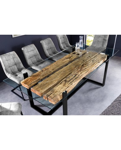 Table à manger ORBIS – 220 cm – Bois de teck massif & plateau en verre trempé : unique A PRIX SPECIAL !