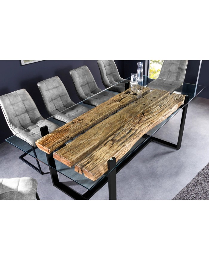 Table à manger ORBIS – 220 cm – Bois de teck massif & plateau en verre trempé : unique A PRIX SPECIAL !