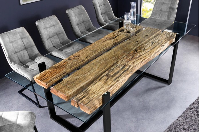 Table à manger ORBIS – 220 cm – Bois de teck massif & plateau en verre trempé : unique A PRIX SPECIAL !
