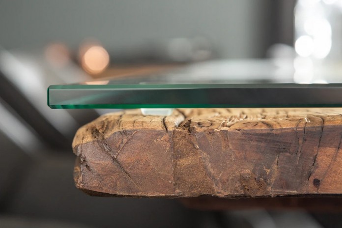 Table à manger ORBIS – 220 cm – Bois de teck massif & plateau en verre trempé : unique A PRIX SPECIAL !