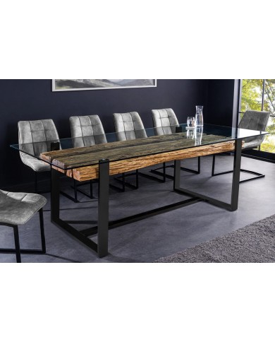 Table à manger ORBIS – 220 cm – Bois de teck massif & plateau en verre trempé : unique A PRIX SPECIAL !