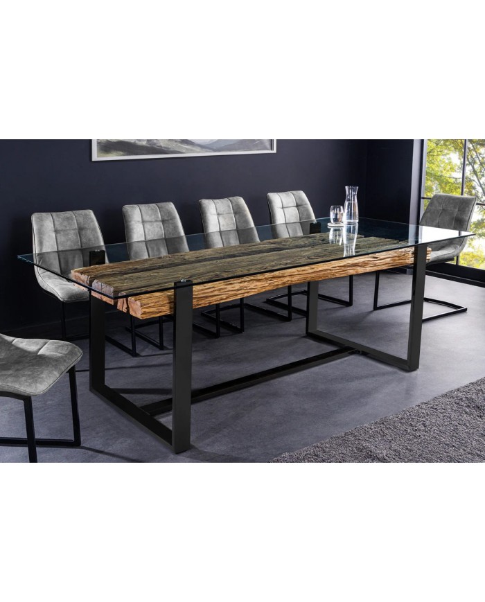 Table à manger ORBIS – 220 cm – Bois de teck massif & plateau en verre trempé : unique A PRIX SPECIAL !