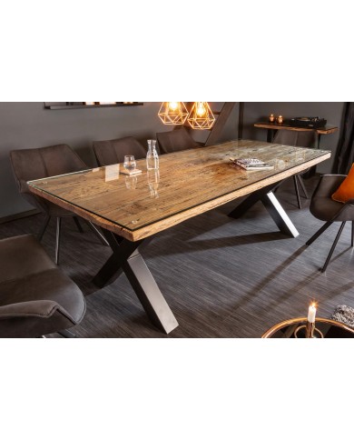 Table à manger ORBIS – 220 cm – Bois de teck massif & plateau en verre trempé : unique A PRIX SPECIAL !