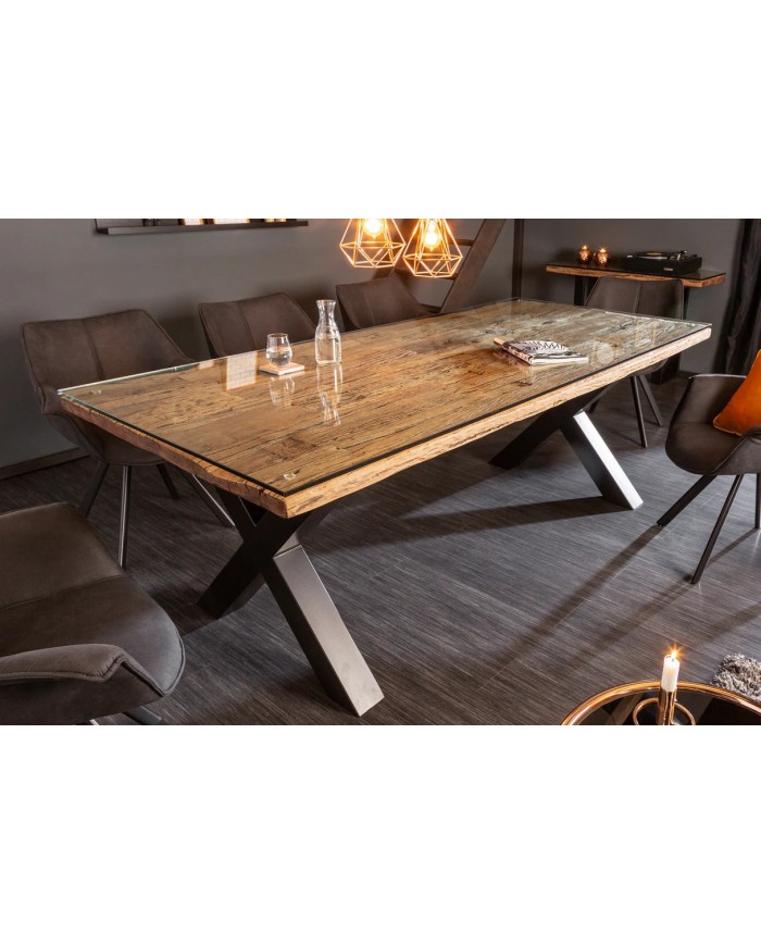 Table à manger ORBIS – 220 cm – Bois de teck massif & plateau en verre trempé : unique A PRIX SPECIAL !