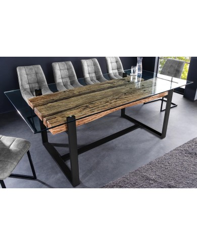 Table à manger ORBIS – 220 cm – Bois de teck massif & plateau en verre trempé : unique A PRIX SPECIAL !