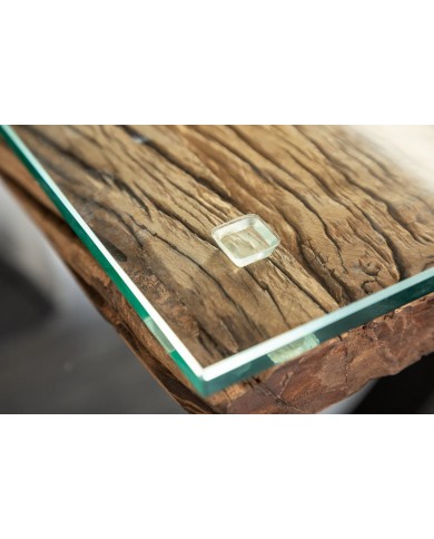 Table à manger ORBIS – 220 cm – Bois de teck massif & plateau en verre trempé : unique A PRIX SPECIAL !