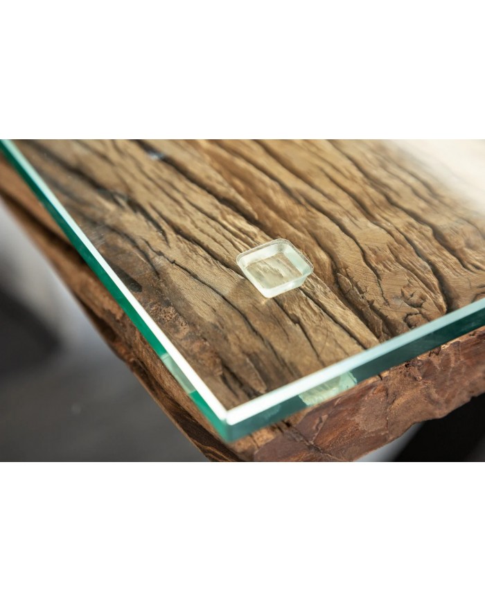 Table à manger ORBIS – 220 cm – Bois de teck massif & plateau en verre trempé : unique A PRIX SPECIAL !
