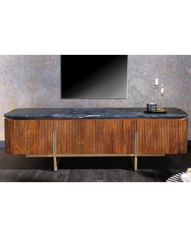 Meuble TV 4 portes 160 cm plateau marbre gris & bois de manguier doré BELMOND
