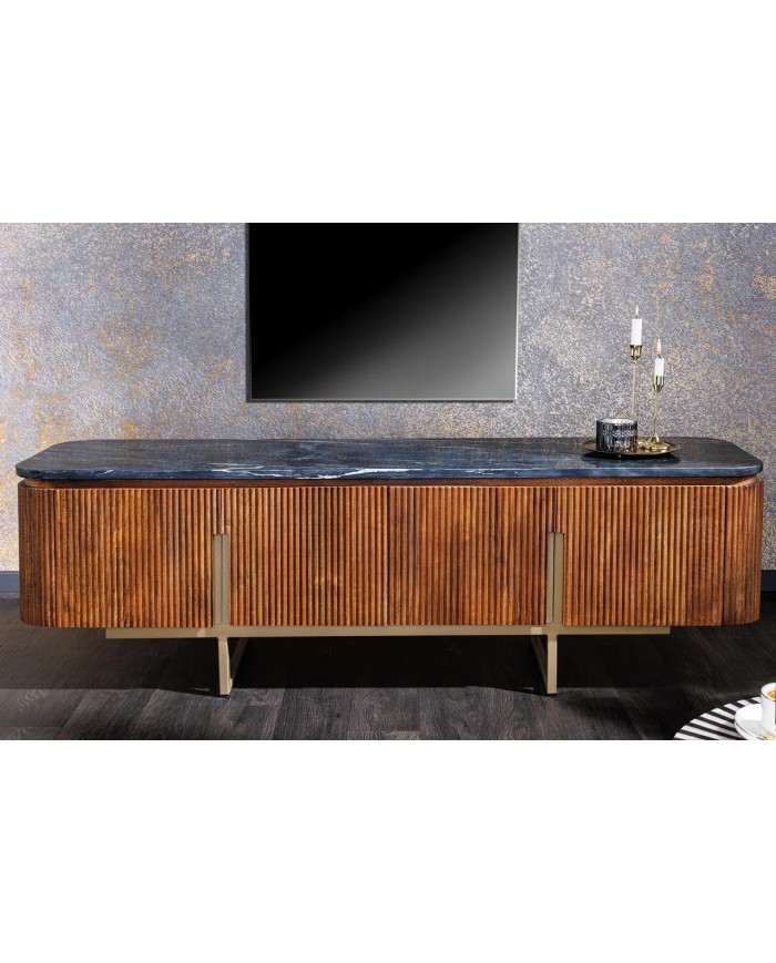 Meuble TV 4 portes 160 cm plateau marbre gris & bois de manguier doré BELMOND