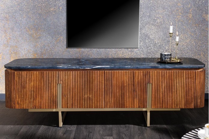 Meuble TV 4 portes 160 cm plateau marbre gris & bois de manguier doré BELMOND