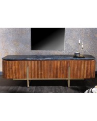 Meuble TV 4 portes 160 cm plateau marbre gris & bois de manguier doré BELMOND