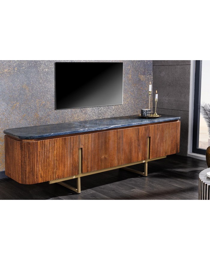 Meuble TV 4 portes 160 cm plateau marbre gris & bois de manguier doré BELMOND