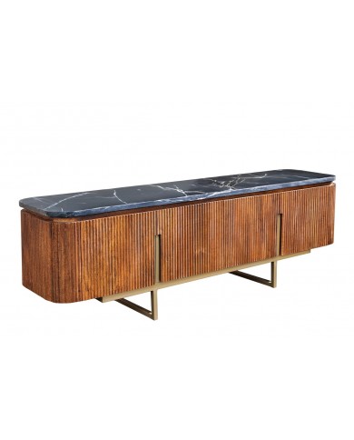 Meuble TV 4 portes 160 cm plateau marbre gris & bois de manguier doré BELMOND