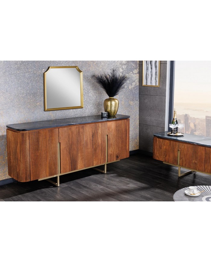 Meuble TV 4 portes 160 cm plateau marbre gris & bois de manguier doré BELMOND