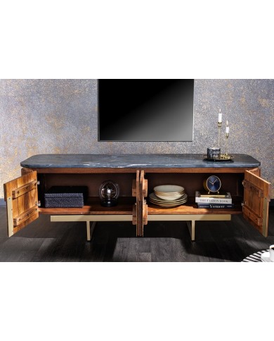 Meuble TV 4 portes 160 cm plateau marbre gris & bois de manguier doré BELMOND