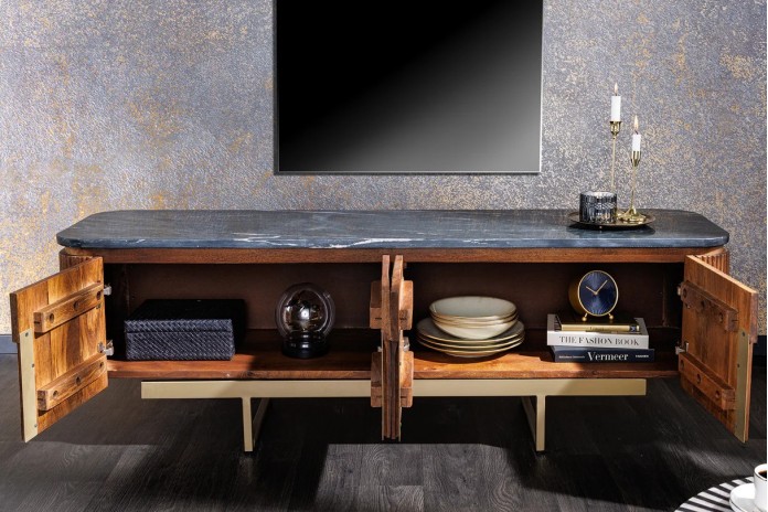 Meuble TV 4 portes 160 cm plateau marbre gris & bois de manguier doré BELMOND