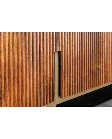 Meuble TV 4 portes 160 cm plateau marbre gris & bois de manguier doré BELMOND