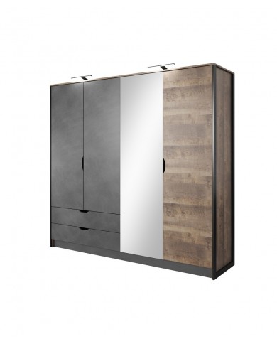 Armoire penderie étagères 4 portes 2 tiroirs miroir et LEDs 220 cm HAVEN