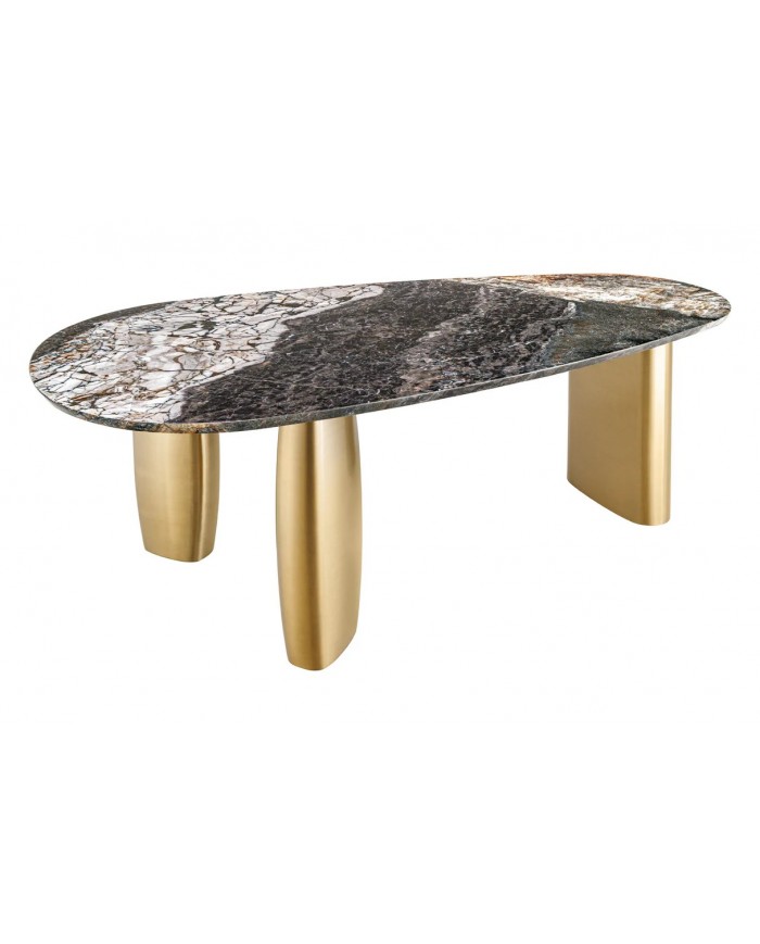 Table à manger design ovale 200 cm en marbre multicolore et pieds dorés MARBELLIA