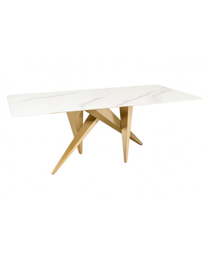 Table à manger 200 cm plateau marbre blanc et pieds dorés CELENIA