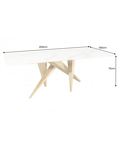 Table à manger 200 cm plateau marbre blanc et pieds dorés CELENIA
