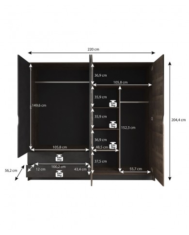 Armoire penderie étagères 4 portes 2 tiroirs miroir et LEDs 220 cm HAVEN