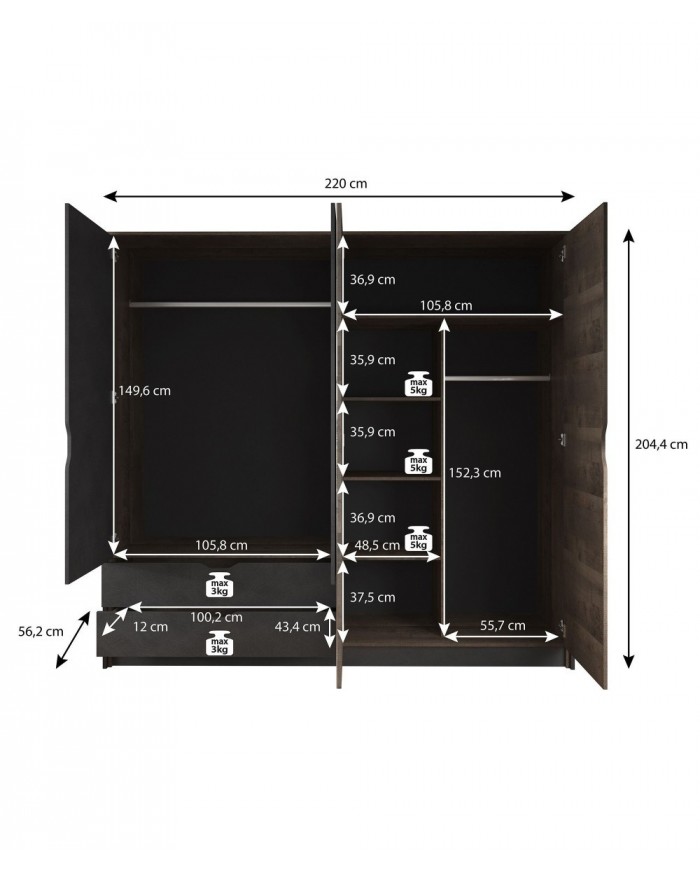 Armoire penderie étagères 4 portes 2 tiroirs miroir et LEDs 220 cm HAVEN